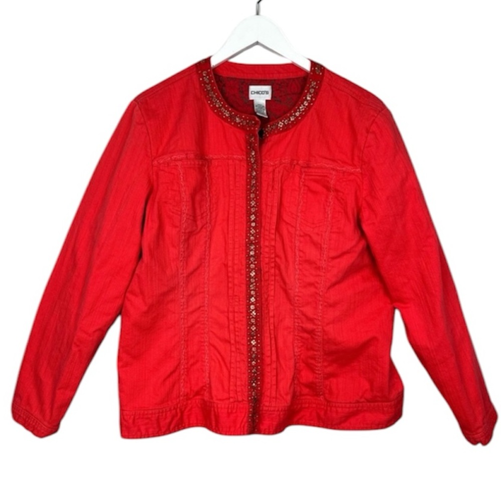 Chico’s Denim Jeweled Button Down Jacket Size XL